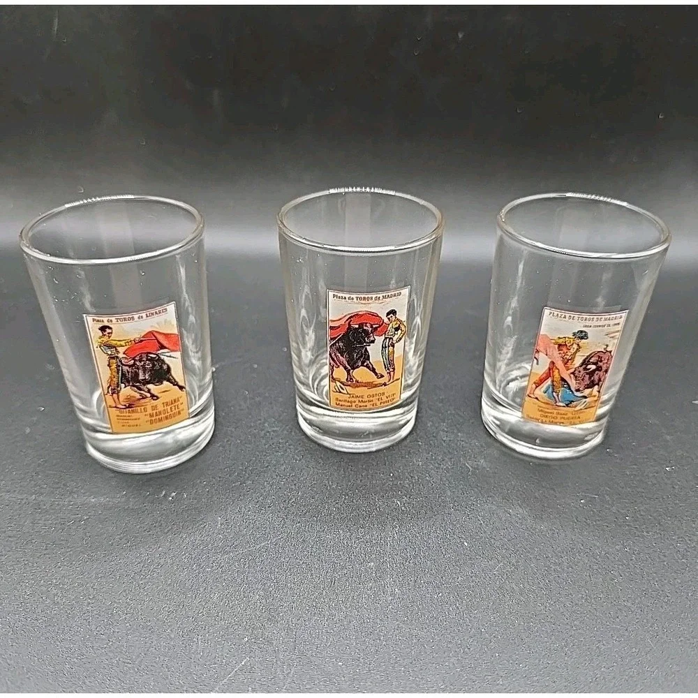 3 Vintage Plaza de Toros de Madrid Shot Glasses Bull Fighter Made In Portugal